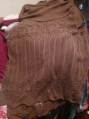Women’s Brown Cowl-Neck Knit Sweater with Lace Stitch Detail